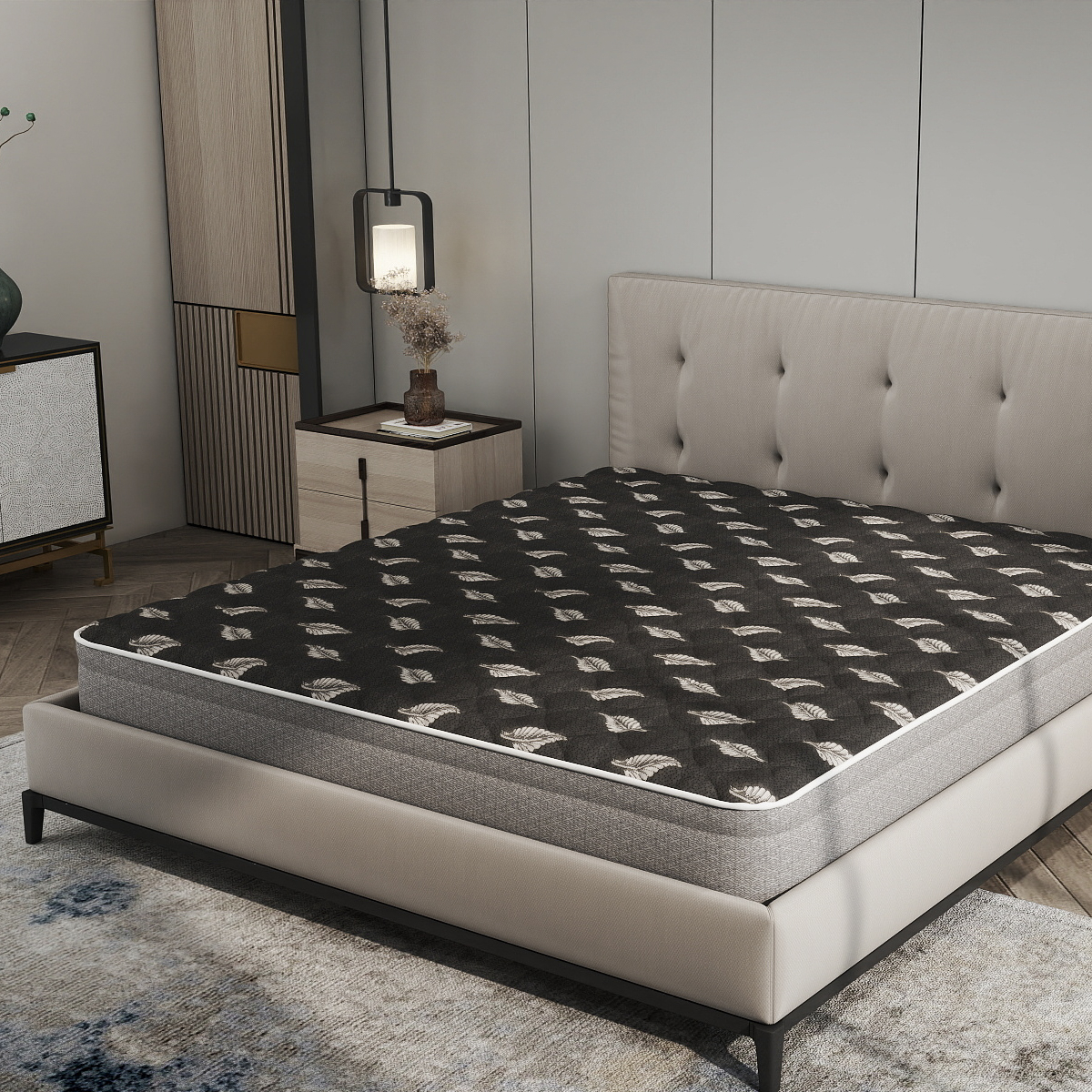 Dark Leaf Pattern Mattress Ticking Fabric – Knitted Jacquard Textile for Premium Mattress Covers