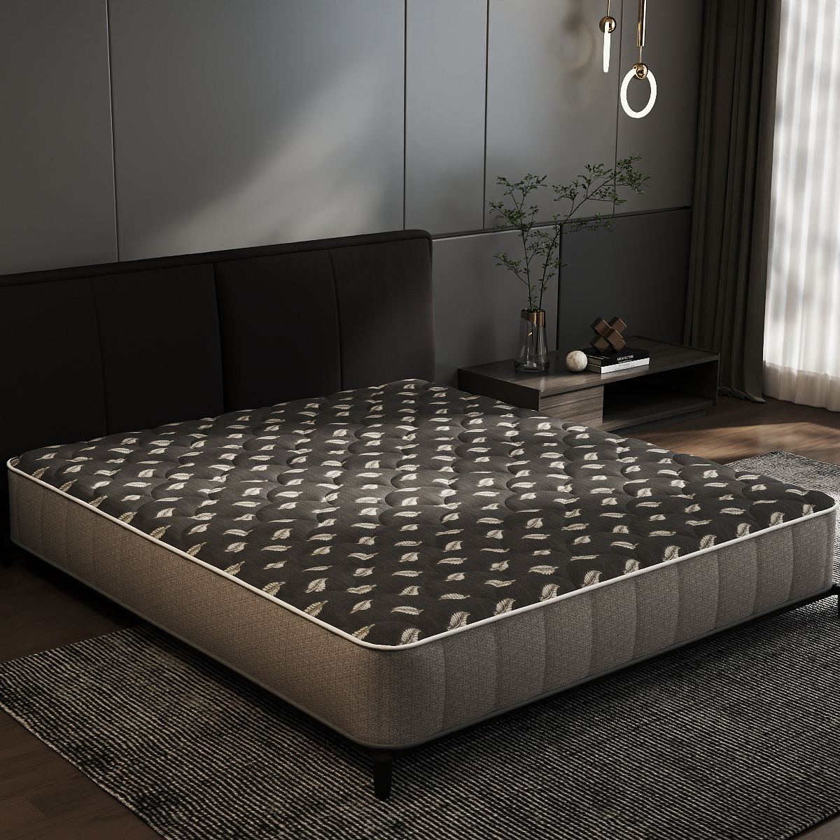 Dark Leaf Pattern Mattress Ticking Fabric – Knitted Jacquard Textile for Premium Mattress Covers