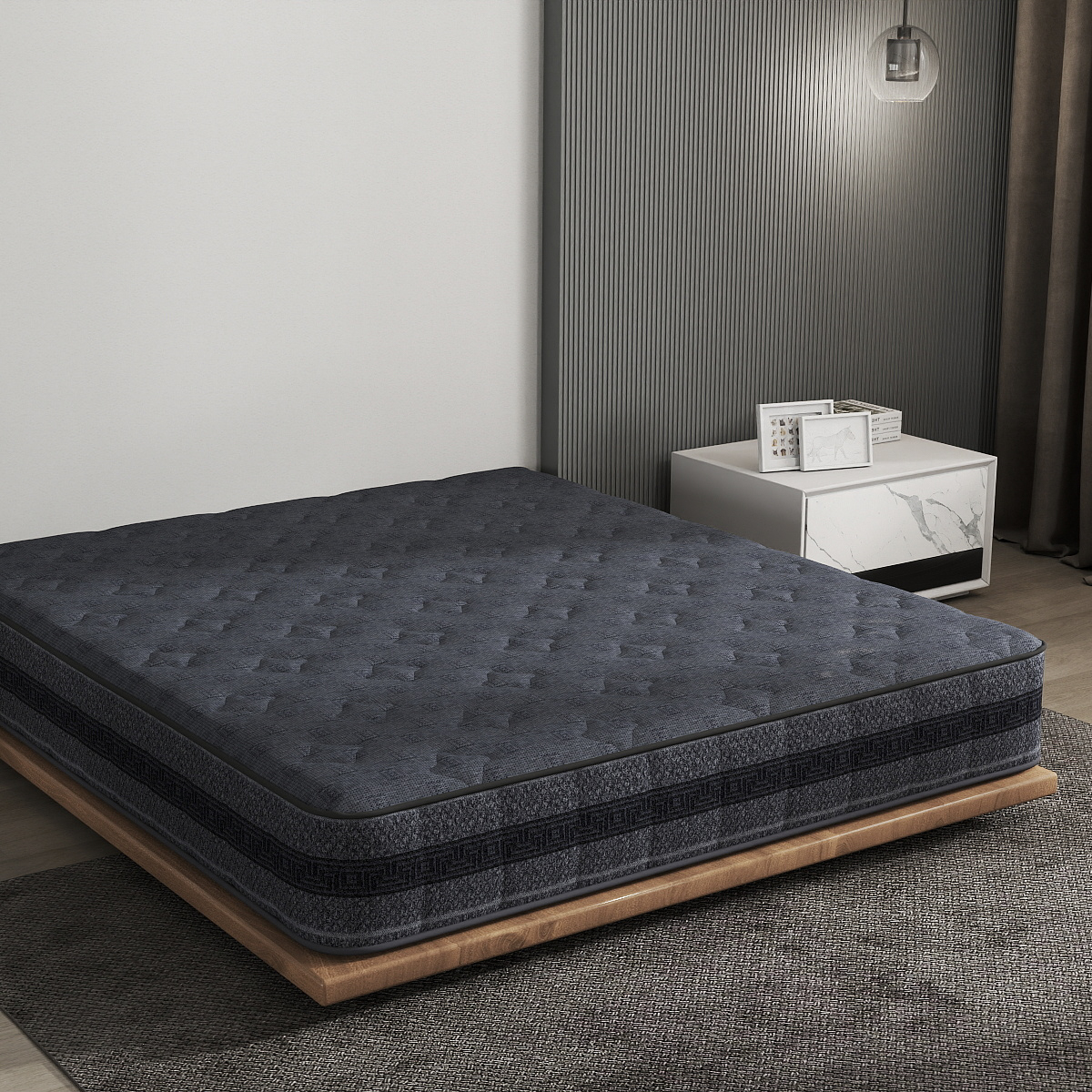 Dark Blue Geometric Knitted Mattress Fabric – Durable & Modern Ticking Material